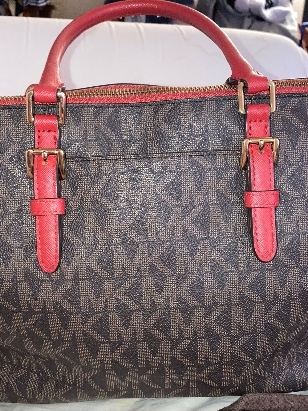 Michael Kors Brown Logo Satchel with Pink-Red Trim